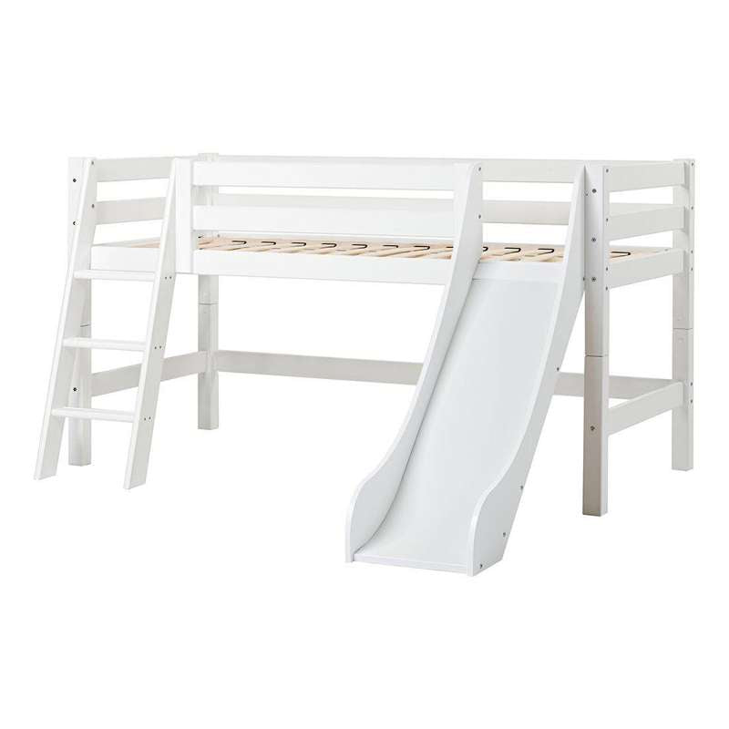 Hoppekids Eco Luxury Halvhøj Seng . Rutsjebane 90x200 . Skrå Stige Fleksibel Indlægsbund Hvid - Hoppekids Senge  - 5706558026596