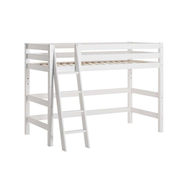 Hoppekids Eco Luxury Mellemhøj Seng 90x200 . Skrå Stige Fleksibel Indlægsbund Hvid - Hoppekids Senge  - 5706558026954